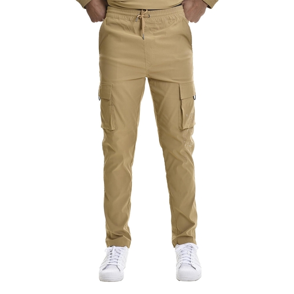 Men's Tan Cargo Pants Tapered Fit And Elastic Waitband - Picture 2 of 15